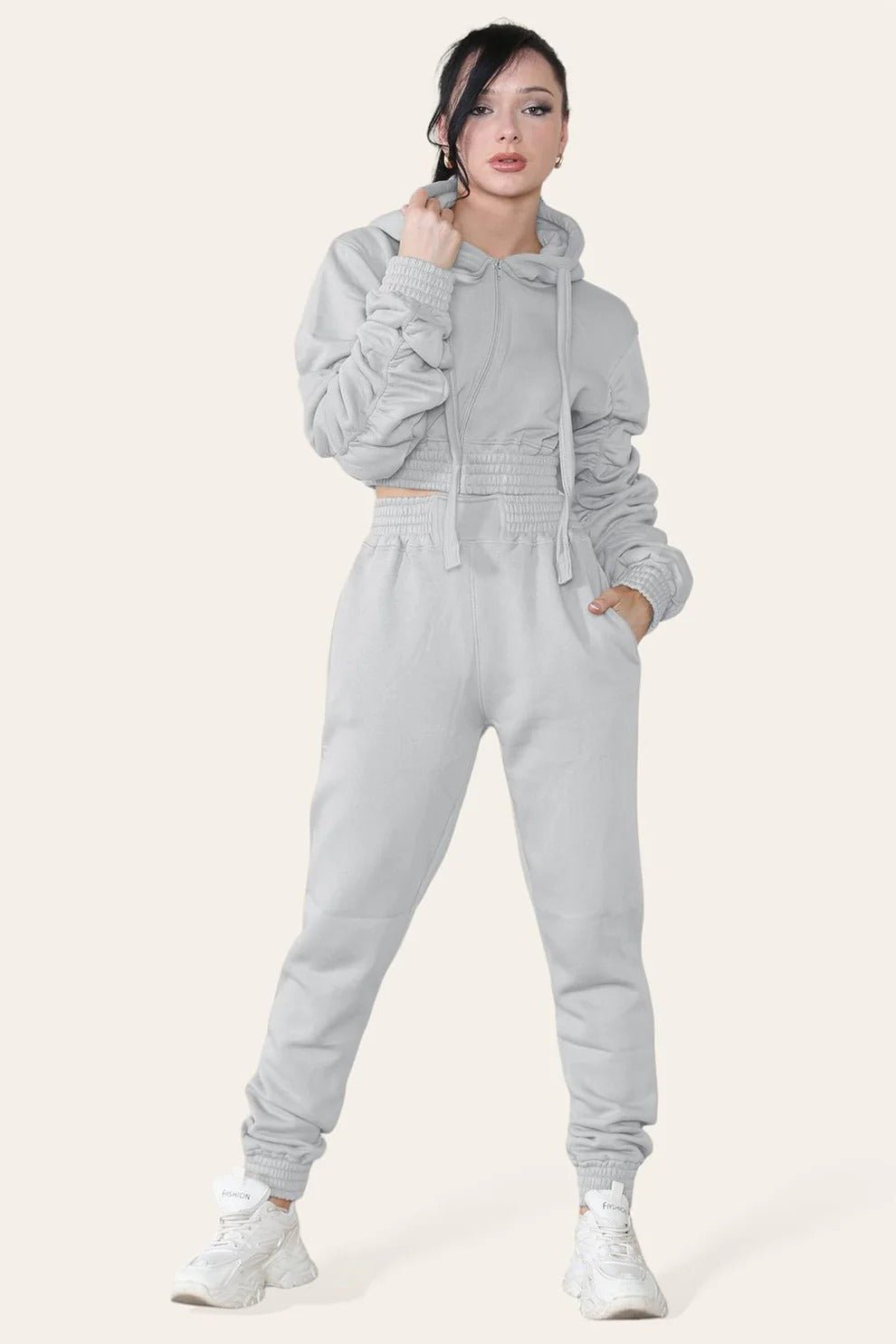 Women's Ruched Sleeve Tracksuit Full Zip Hoodie Top Bottoms Joggers Trousers 2 - Piece Loungewear Set, Size XS - L - Remzs Fashion