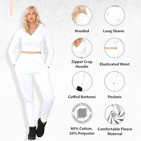 Women's Ruched Sleeve Tracksuit Full Zip Hoodie Top Bottoms Joggers Trousers 2 - Piece Loungewear Set, Size XS - L - Remzs Fashion