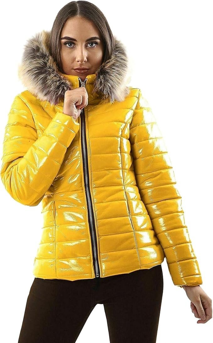 "Women's Wet - Look Puffer Jacket with Faux Fur Hood - Stylish Winter Coat" - Remzs Fashion