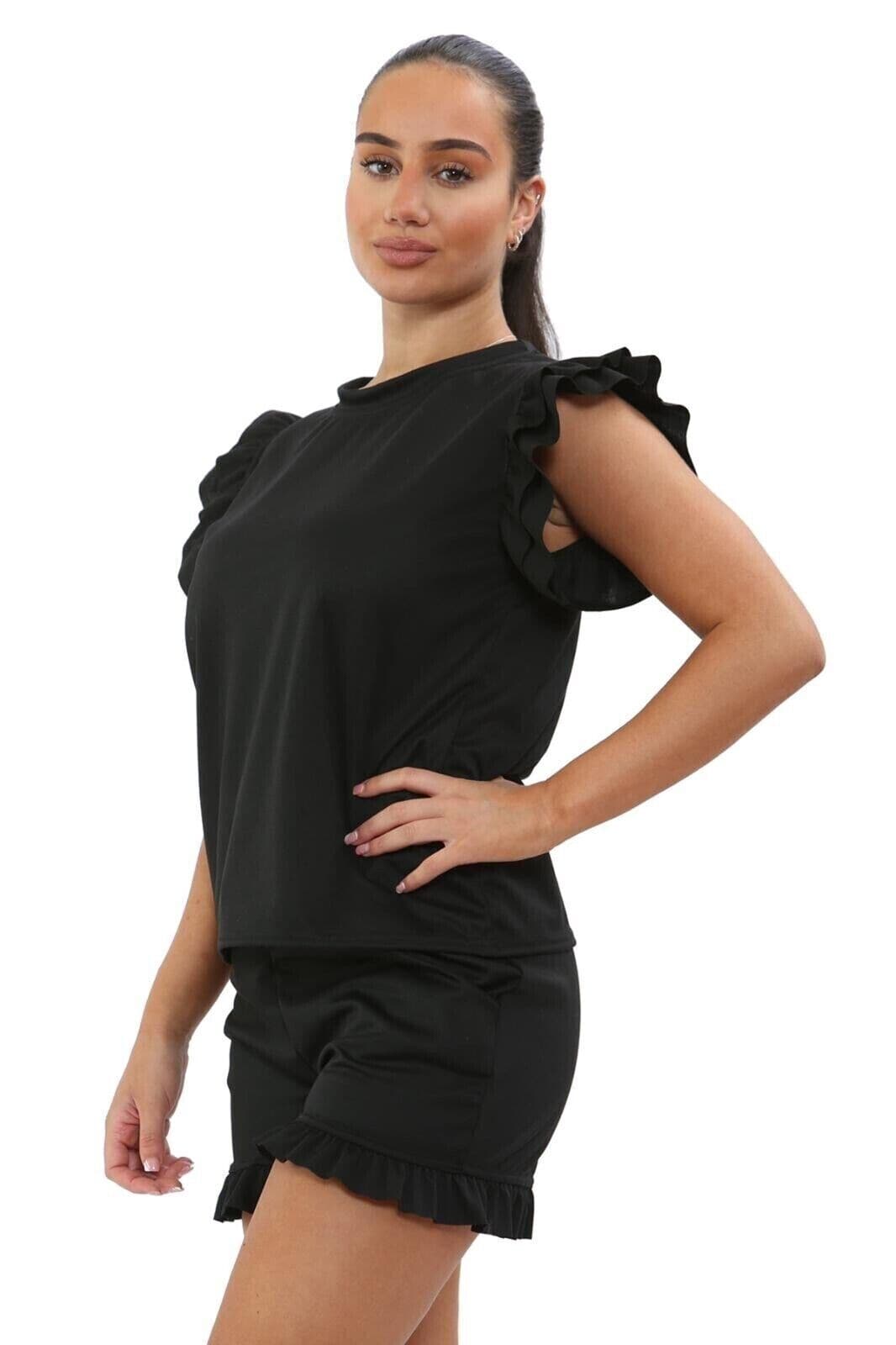 Ladies 2PCS Co ord Set Tracksuit Frill Peplum Short Sleeve Top Shorts - Remzs Fashion