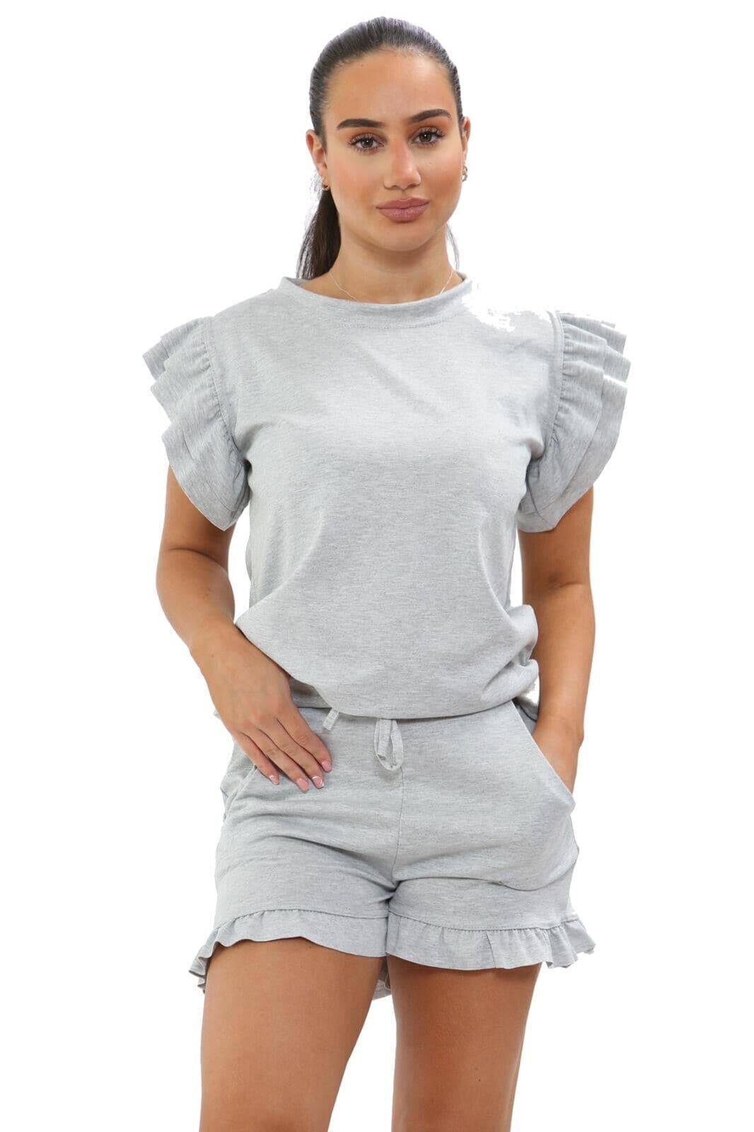 Ladies 2PCS Co ord Set Tracksuit Frill Peplum Short Sleeve Top Shorts - Remzs Fashion