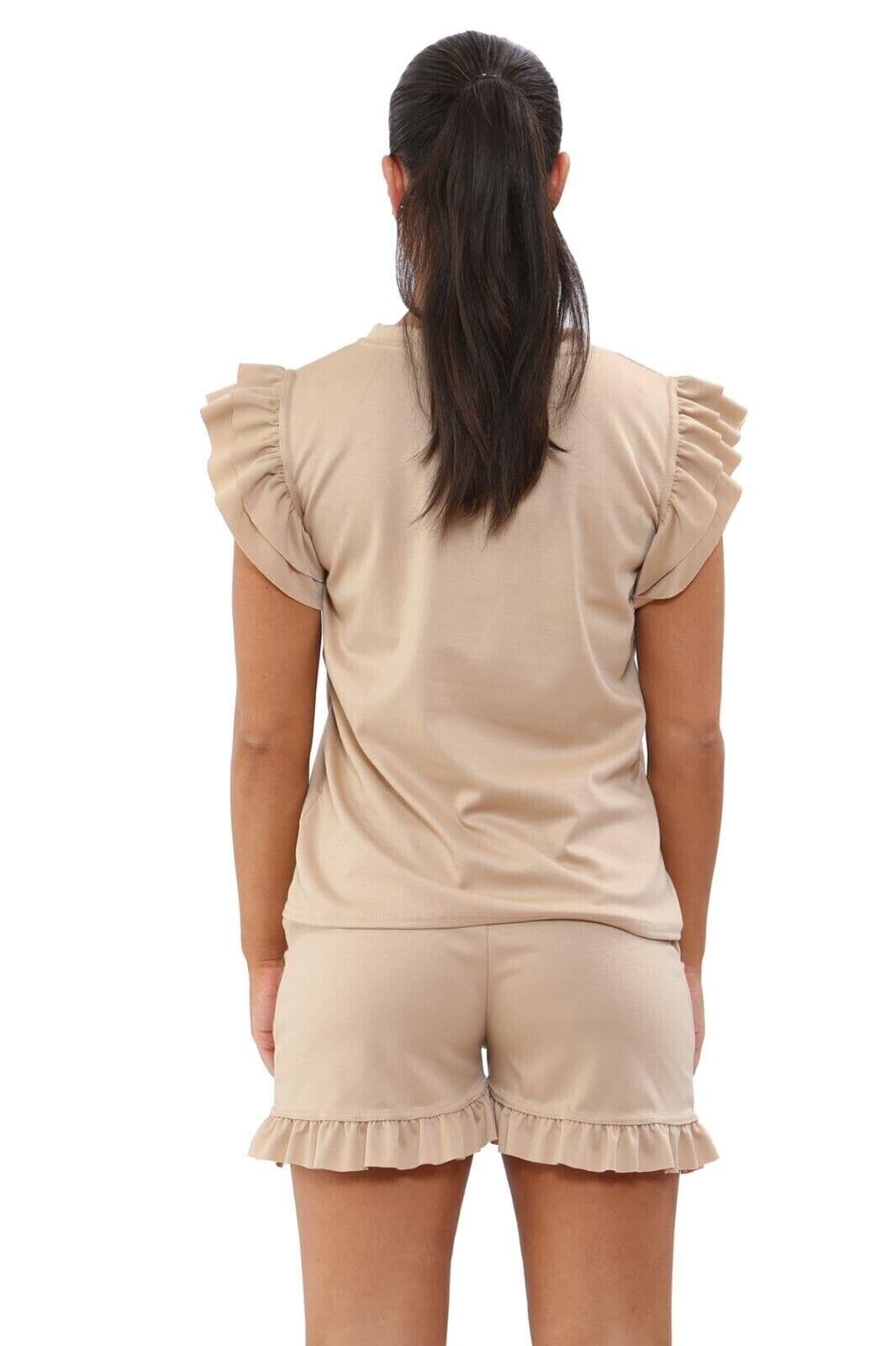 Ladies 2PCS Co ord Set Tracksuit Frill Peplum Short Sleeve Top Shorts - Remzs Fashion