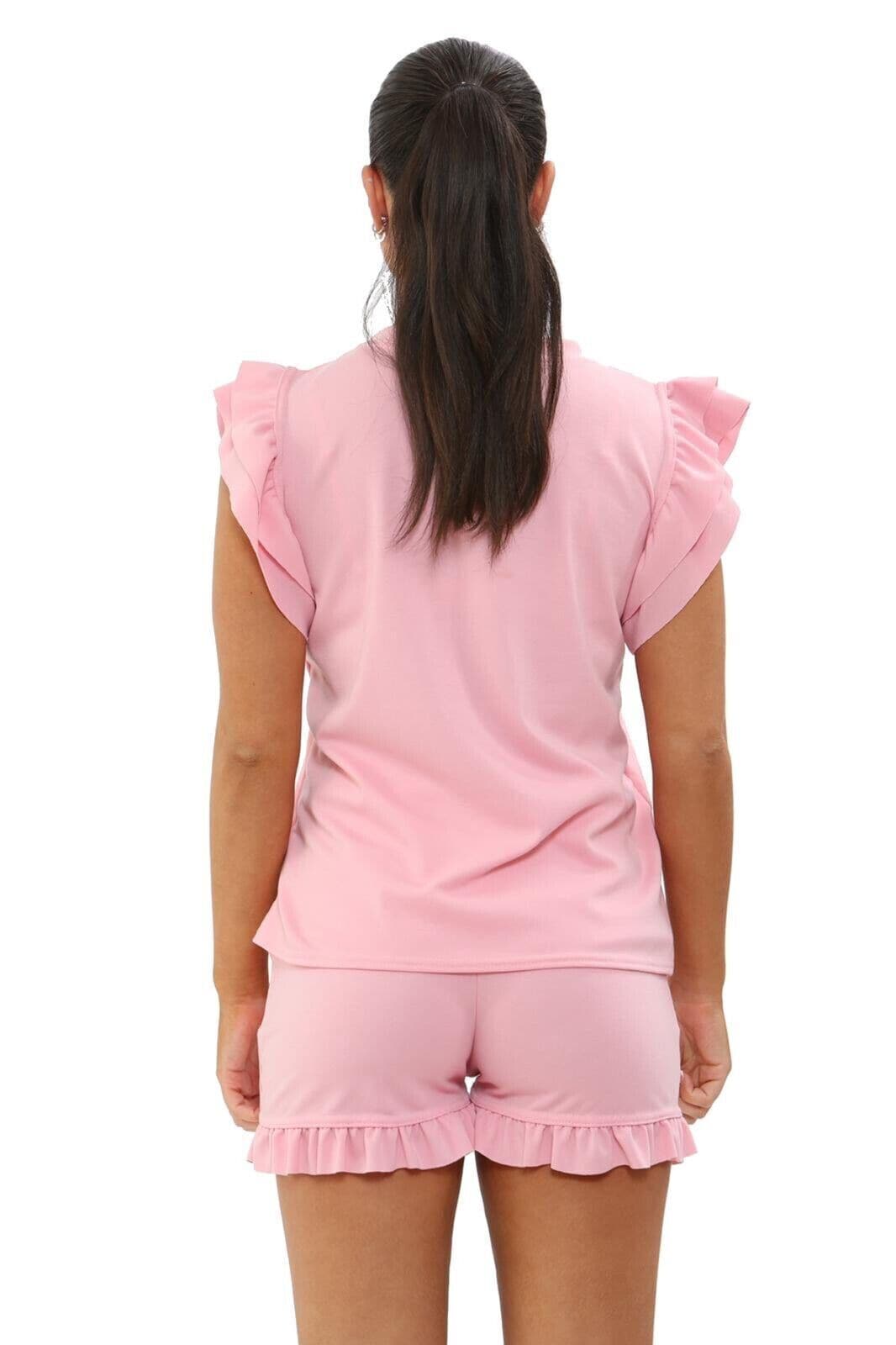 Ladies 2PCS Co ord Set Tracksuit Frill Peplum Short Sleeve Top Shorts - Remzs Fashion