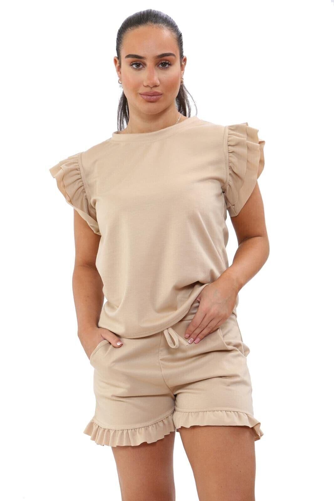 Ladies 2PCS Co ord Set Tracksuit Frill Peplum Short Sleeve Top Shorts - Remzs Fashion