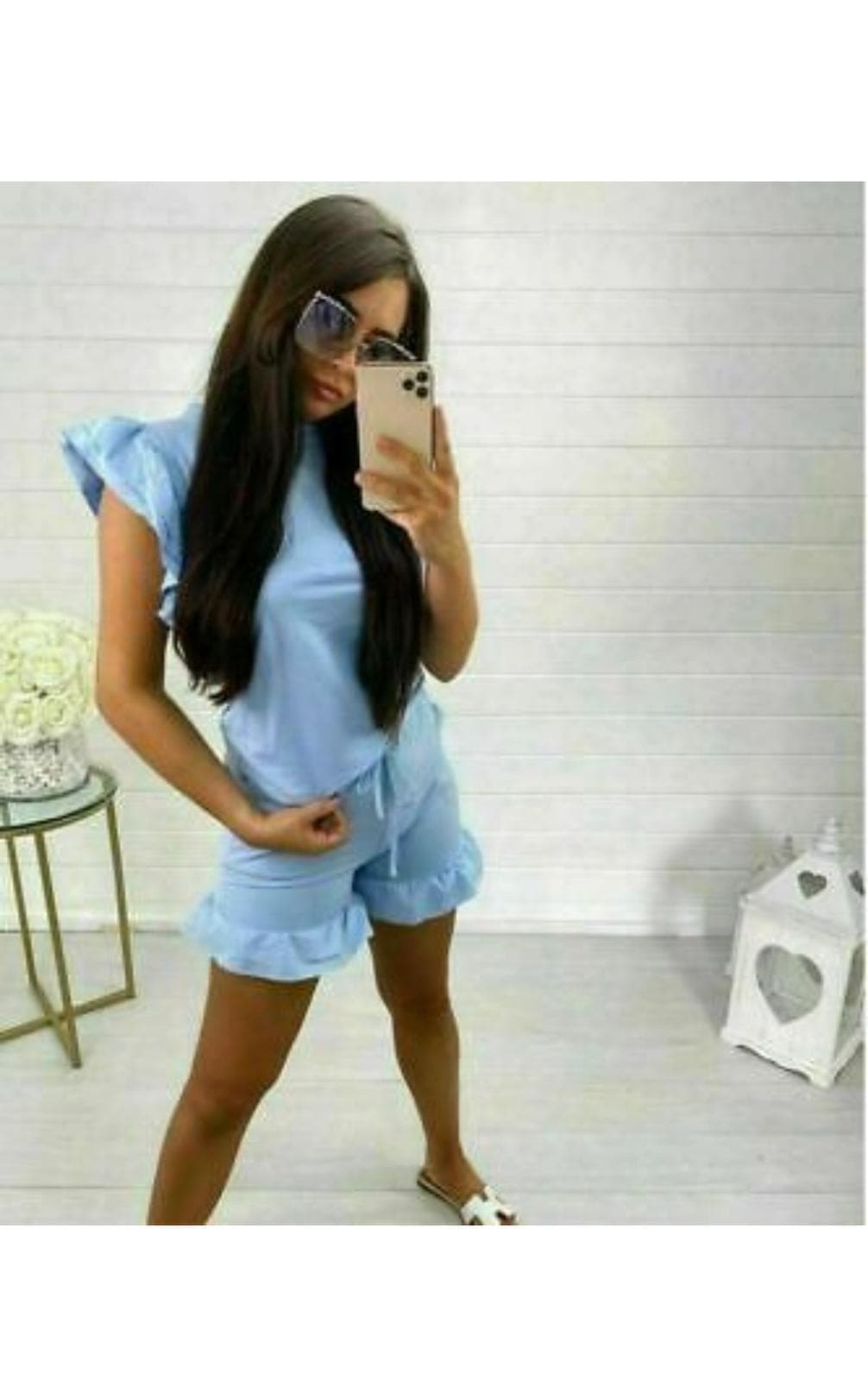 Ladies 2PCS Co ord Set Tracksuit Frill Peplum Short Sleeve Top Shorts - Remzs Fashion