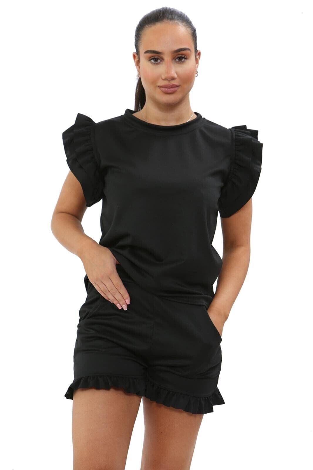 Ladies 2PCS Co ord Set Tracksuit Frill Peplum Short Sleeve Top Shorts - Remzs Fashion