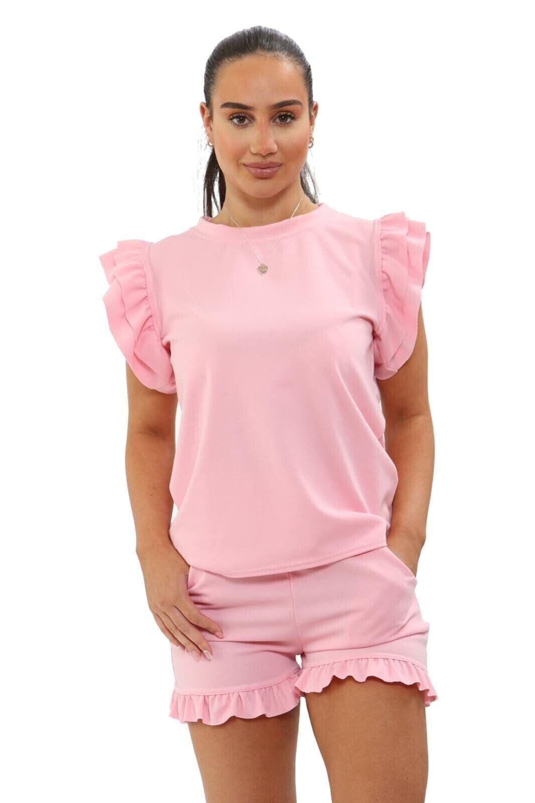 Ladies 2PCS Co ord Set Tracksuit Frill Peplum Short Sleeve Top Shorts - Remzs Fashion