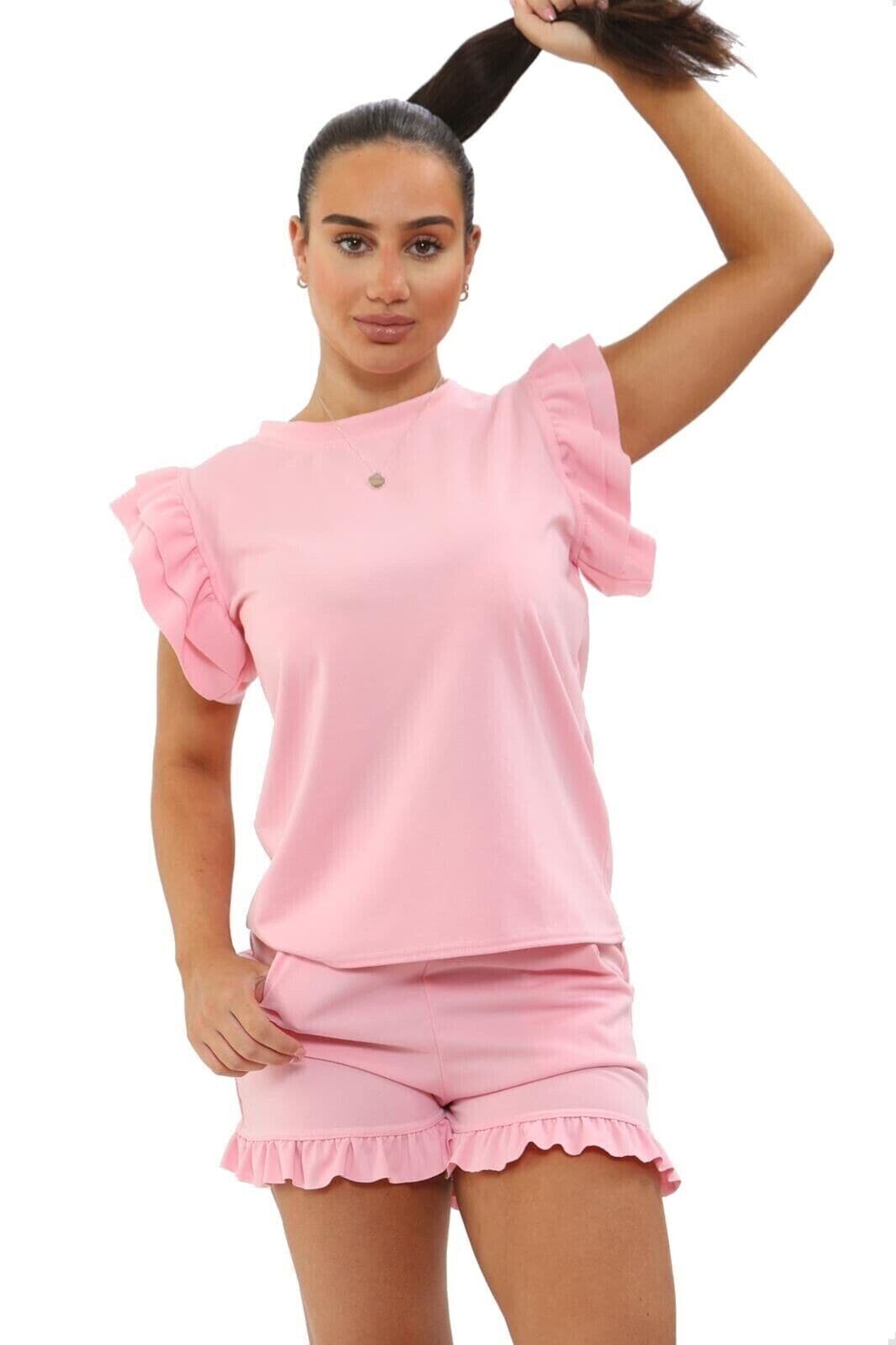 Ladies 2PCS Co ord Set Tracksuit Frill Peplum Short Sleeve Top Shorts - Remzs Fashion