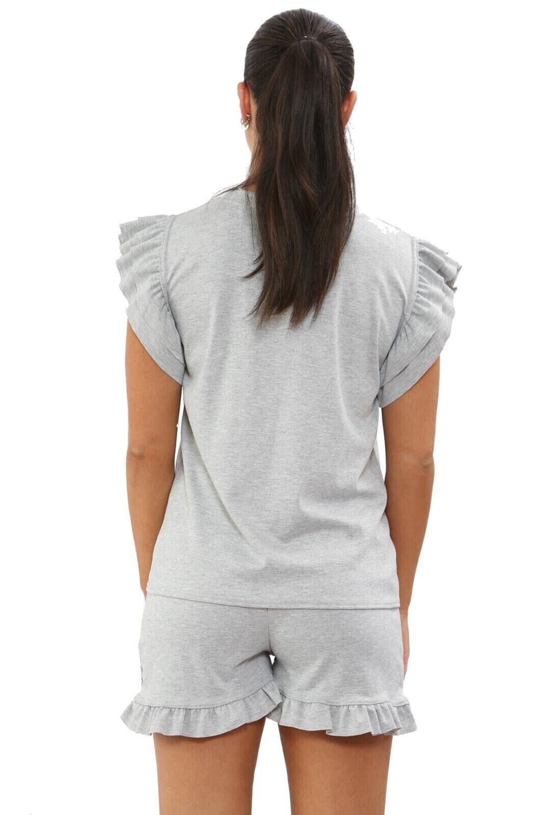 Ladies 2PCS Co ord Set Tracksuit Frill Peplum Short Sleeve Top Shorts - Remzs Fashion