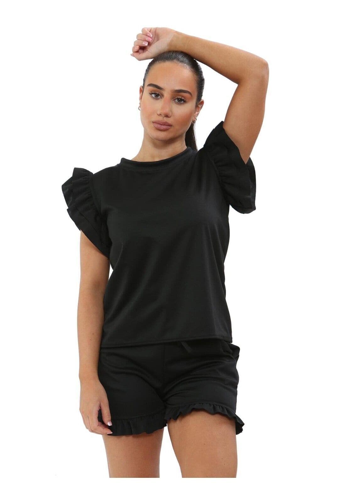 Ladies 2PCS Co ord Set Tracksuit Frill Peplum Short Sleeve Top Shorts - Remzs Fashion
