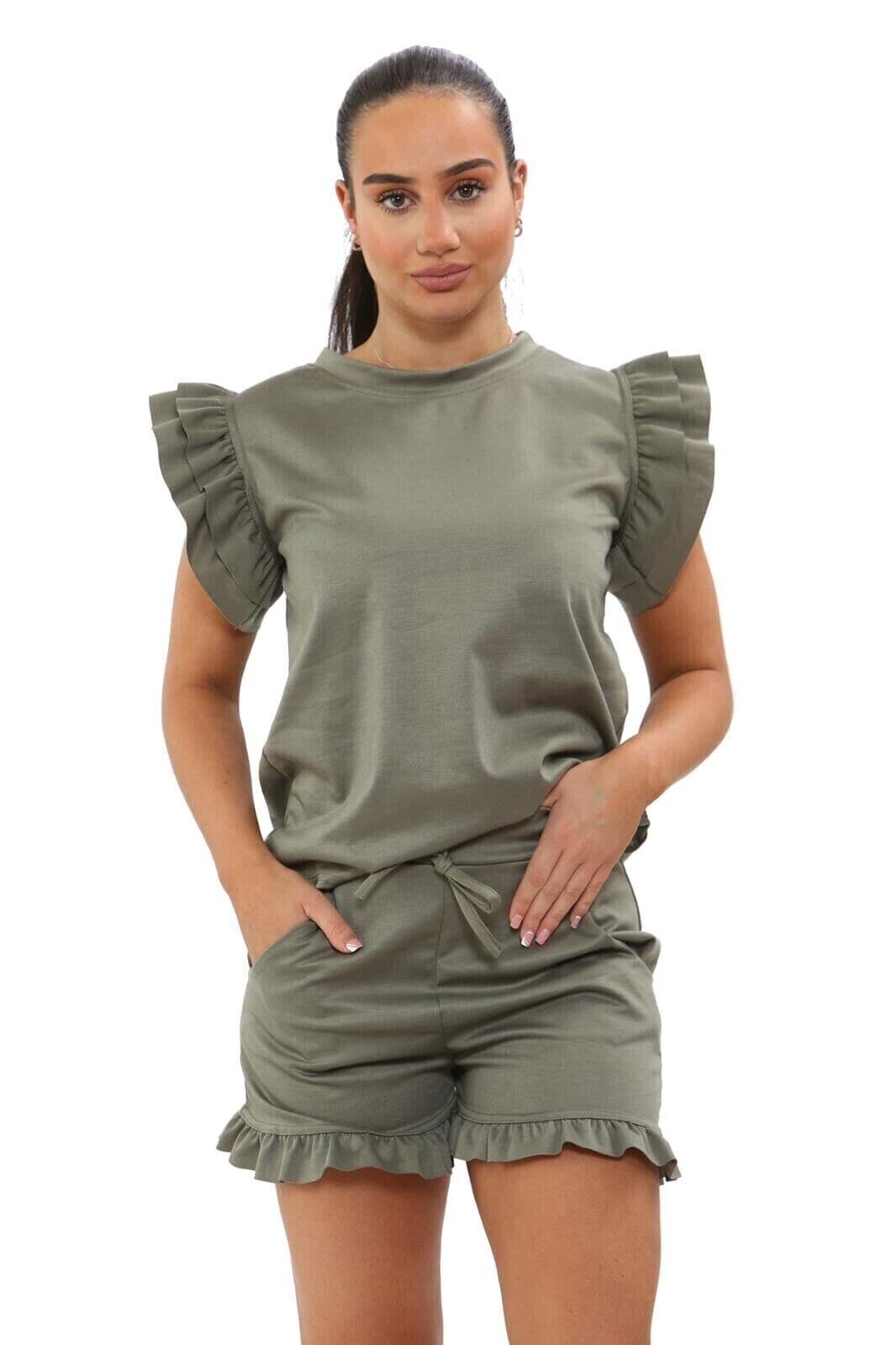Ladies 2PCS Co ord Set Tracksuit Frill Peplum Short Sleeve Top Shorts - Remzs Fashion