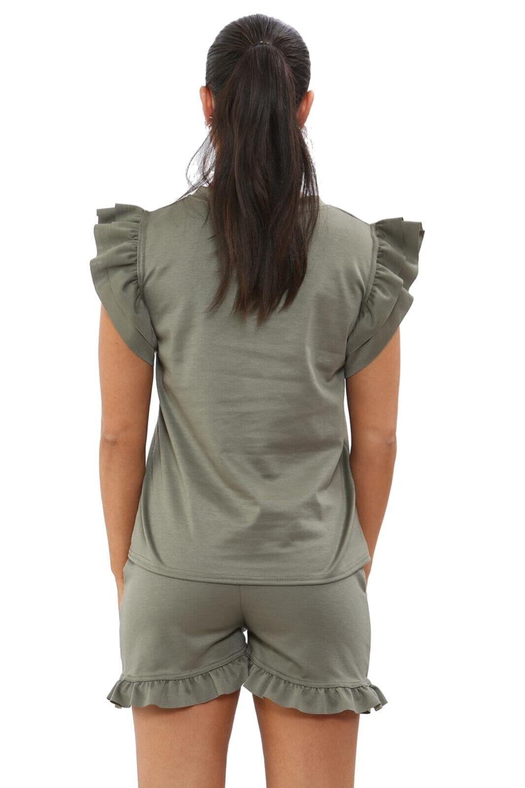 Ladies 2PCS Co ord Set Tracksuit Frill Peplum Short Sleeve Top Shorts - Remzs Fashion