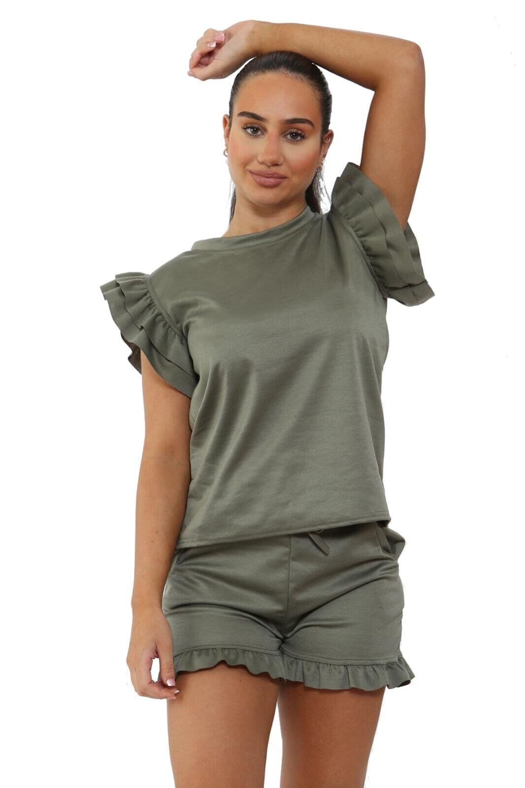 Ladies 2PCS Co ord Set Tracksuit Frill Peplum Short Sleeve Top Shorts - Remzs Fashion