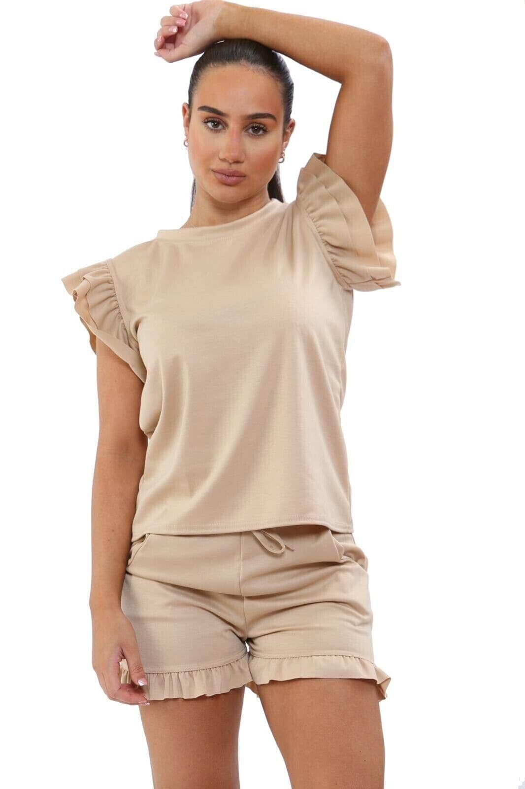 Ladies 2PCS Co ord Set Tracksuit Frill Peplum Short Sleeve Top Shorts - Remzs Fashion