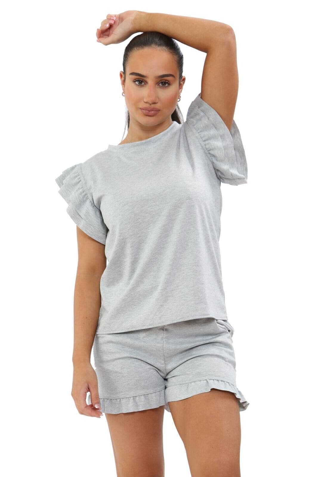 Ladies 2PCS Co ord Set Tracksuit Frill Peplum Short Sleeve Top Shorts - Remzs Fashion