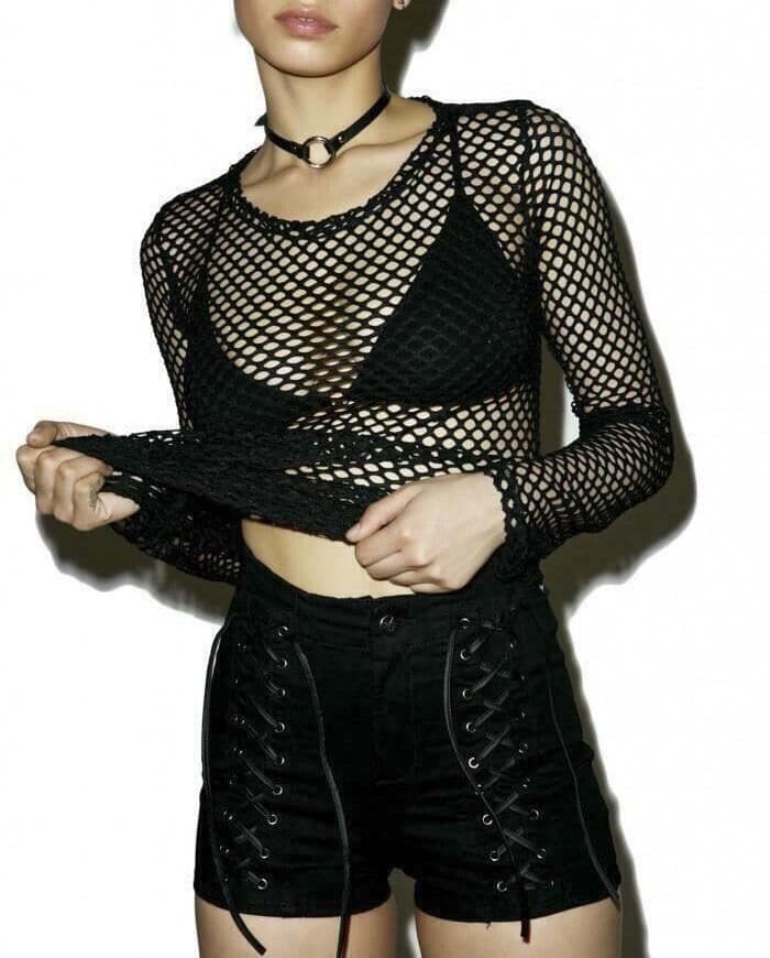 Ladies Women Long Sleeve Fish Net Mesh Sheer T shirt Top Casual Blouse Sexy goth - Remzs Fashion