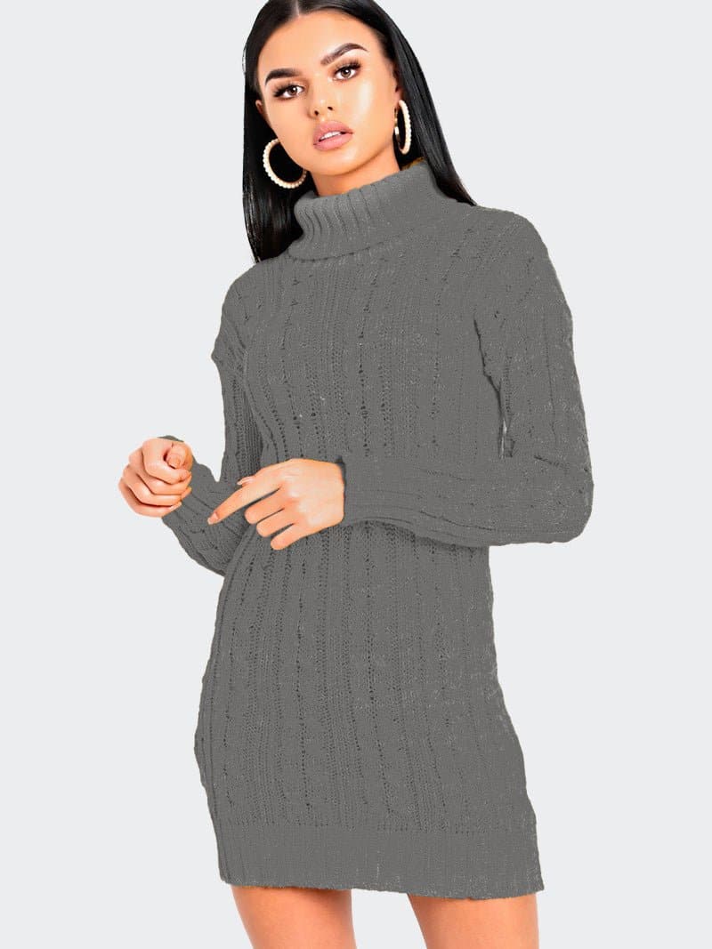 Women Cable Knitted Polo Neck Jumper Dress - Remzs Fashion