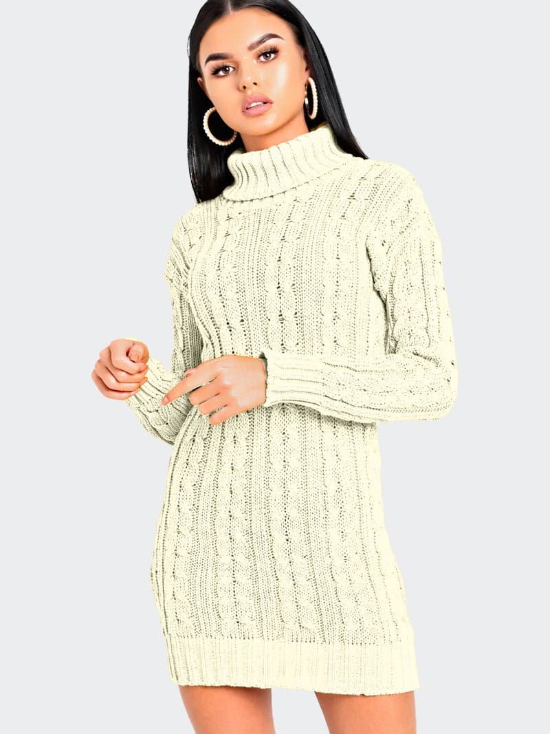 Women Cable Knitted Polo Neck Jumper Dress - Remzs Fashion