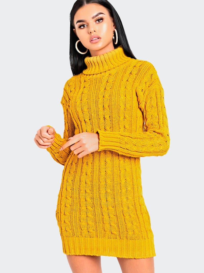 Women Cable Knitted Polo Neck Jumper Dress - Remzs Fashion