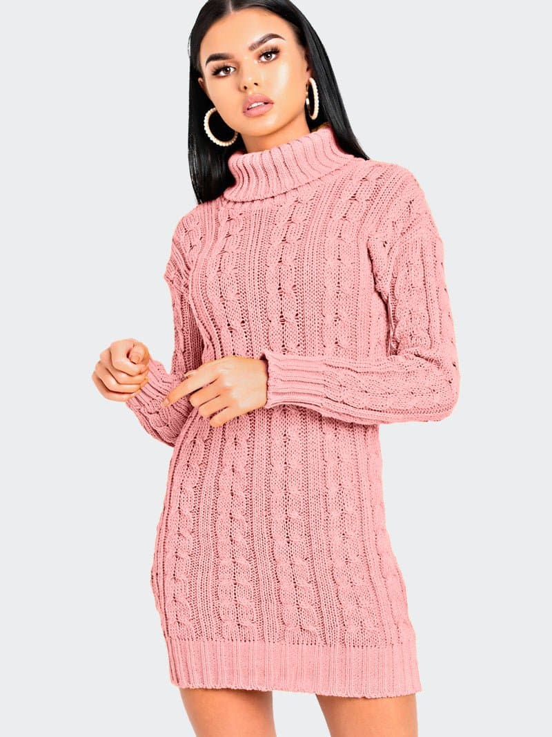 Women Cable Knitted Polo Neck Jumper Dress - Remzs Fashion