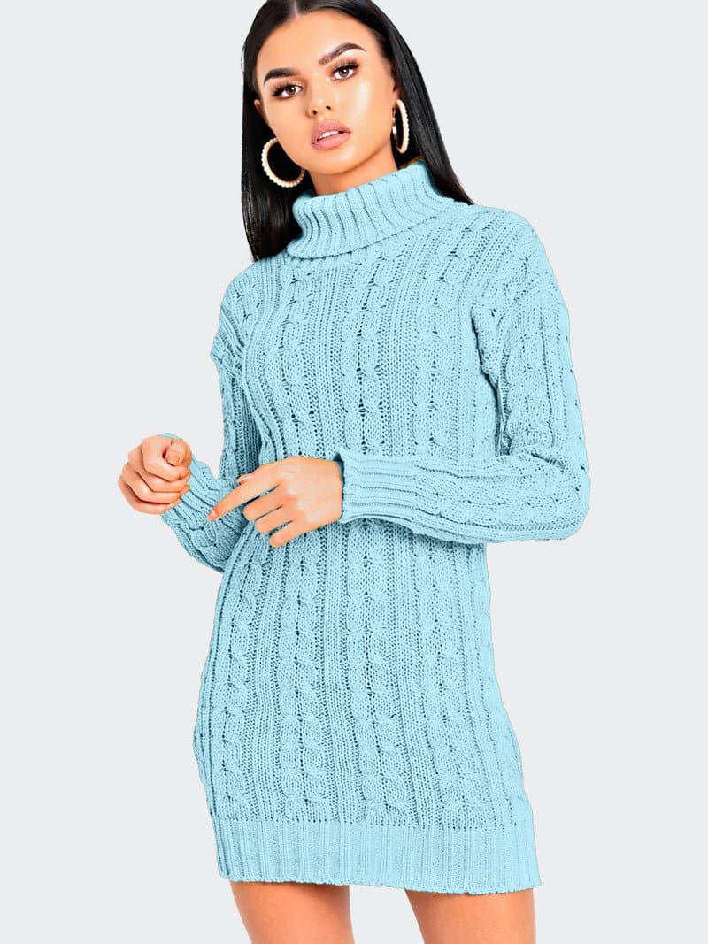 Women Cable Knitted Polo Neck Jumper Dress - Remzs Fashion