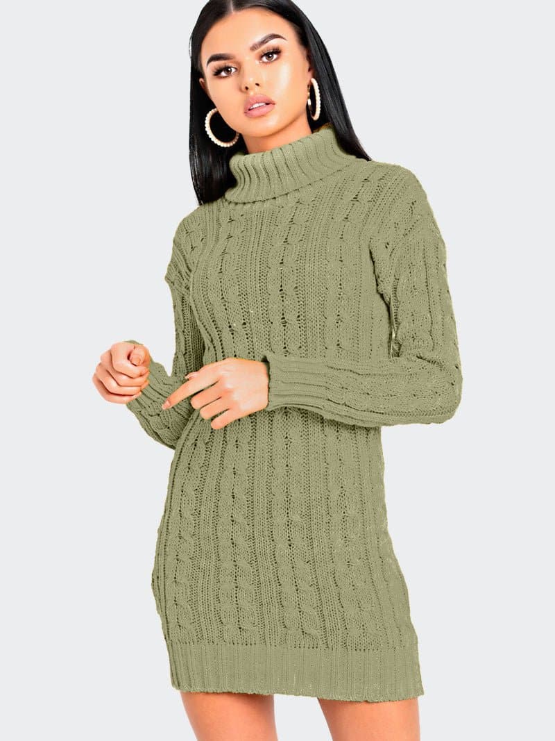 Women Cable Knitted Polo Neck Jumper Dress - Remzs Fashion