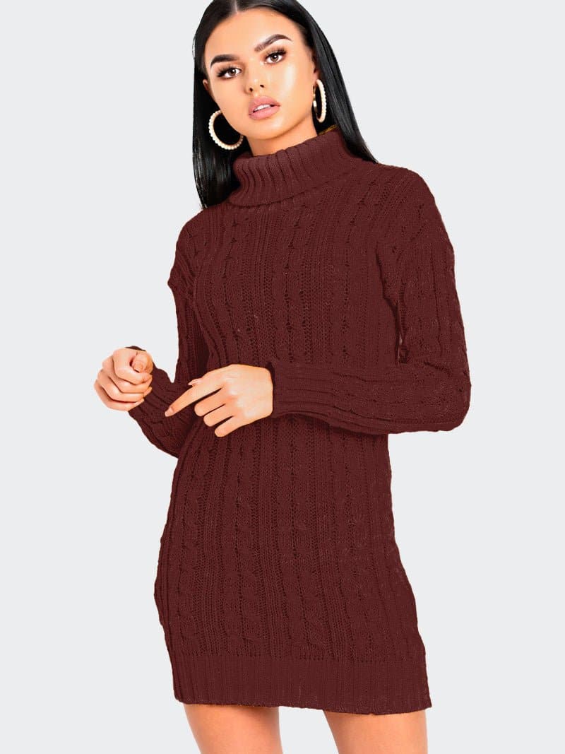 Women Cable Knitted Polo Neck Jumper Dress - Remzs Fashion