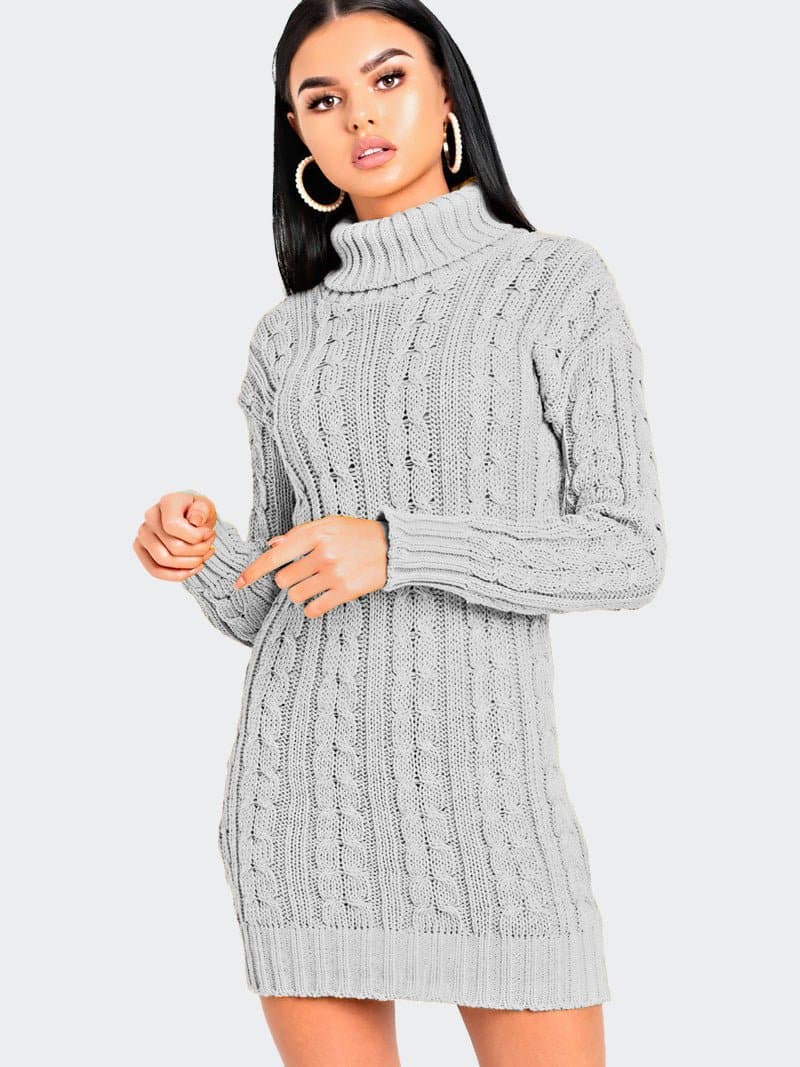 Women Cable Knitted Polo Neck Jumper Dress - Remzs Fashion