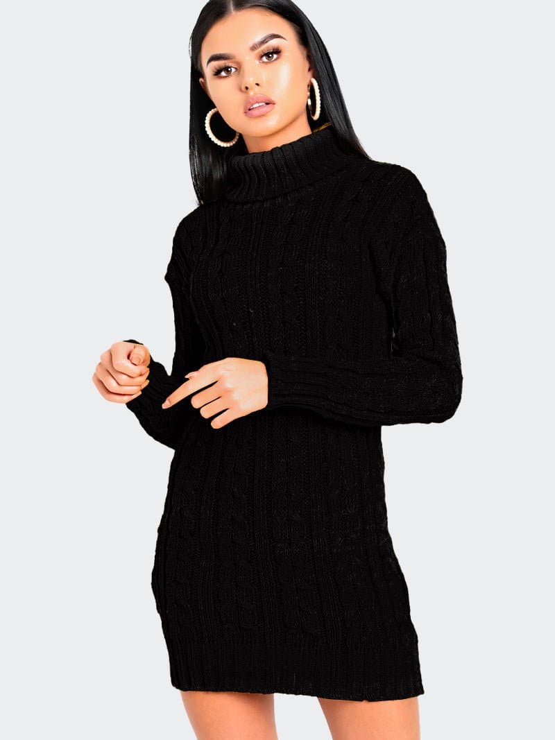Women Cable Knitted Polo Neck Jumper Dress - Remzs Fashion