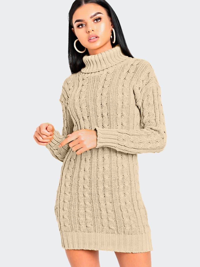 Women Cable Knitted Polo Neck Jumper Dress - Remzs Fashion