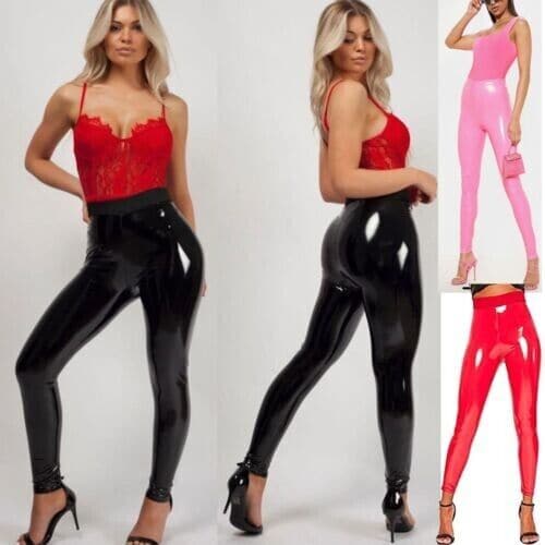 Ladies Wet Look PVC Elasticated Shiny Leather Vinyl Leggings High