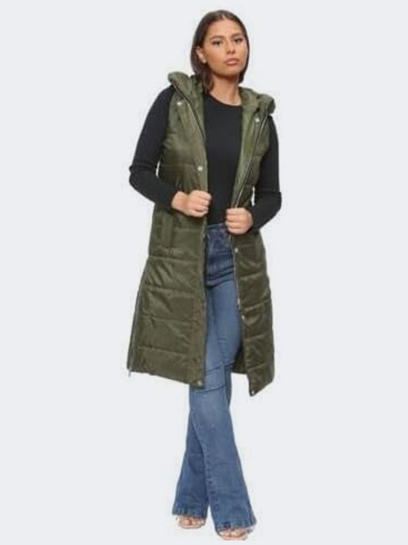 Women Sleeveless Long Line Hooded Puffer Jacket - Remzs Fashion