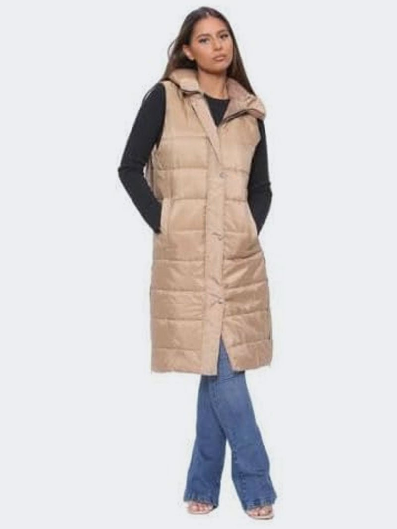 Women Sleeveless Long Line Hooded Puffer Jacket - Remzs Fashion