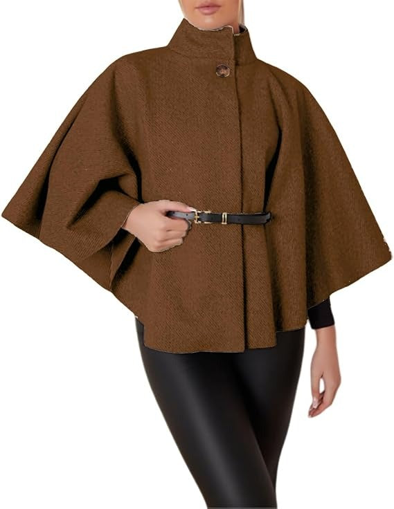 "Women's Batwing Sleeves Belted Cape Coat with Turtle Neck, Front Button Closure, Casual Winter Jumper Jacket