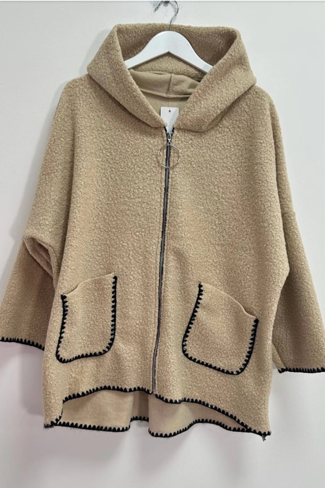Italian Zip-up Hooded Teddy Bounce Coat with Contrast Panel Hem & Pockets