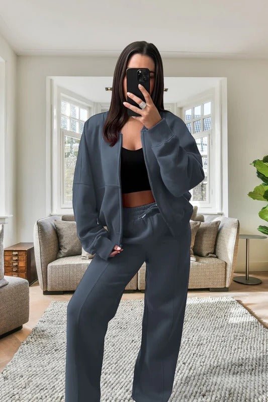 Bomber New Style Oversized Fleece Zipper and Wide Leg Tracksuit - Remzs Fashion
