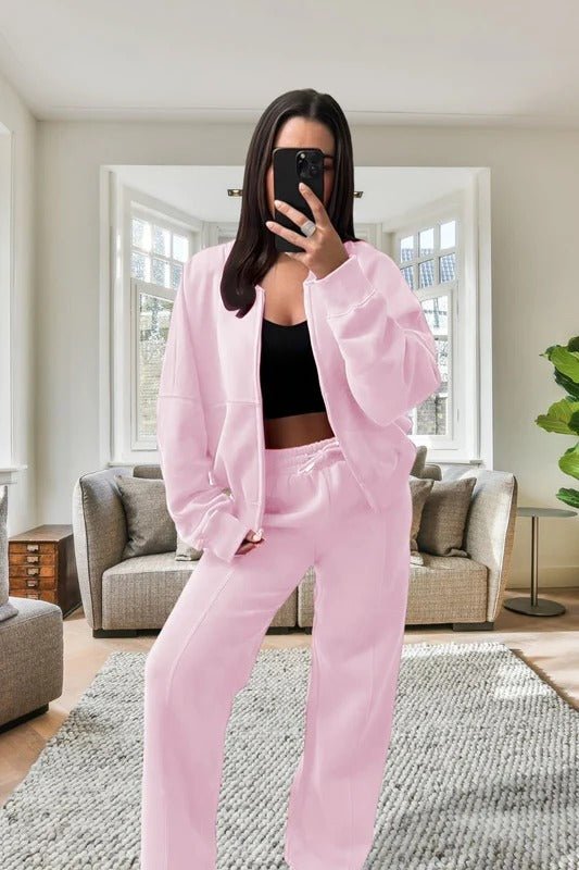 Bomber New Style Oversized Fleece Zipper and Wide Leg Tracksuit - Remzs Fashion