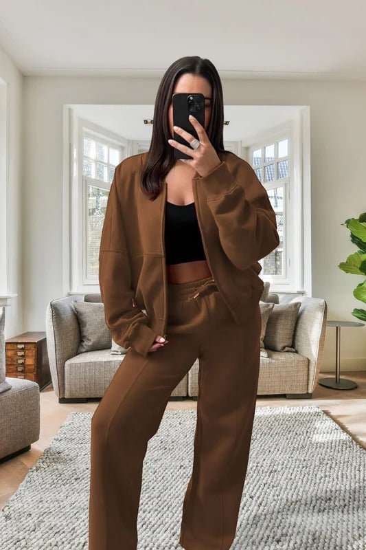 Bomber New Style Oversized Fleece Zipper and Wide Leg Tracksuit - Remzs Fashion