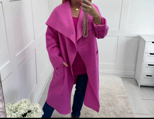 Boucle Waterfall Coat with Collar and Pockets - Casual Womenswear jackets outerwear long sleeves plus size coat - Remzs Fashion