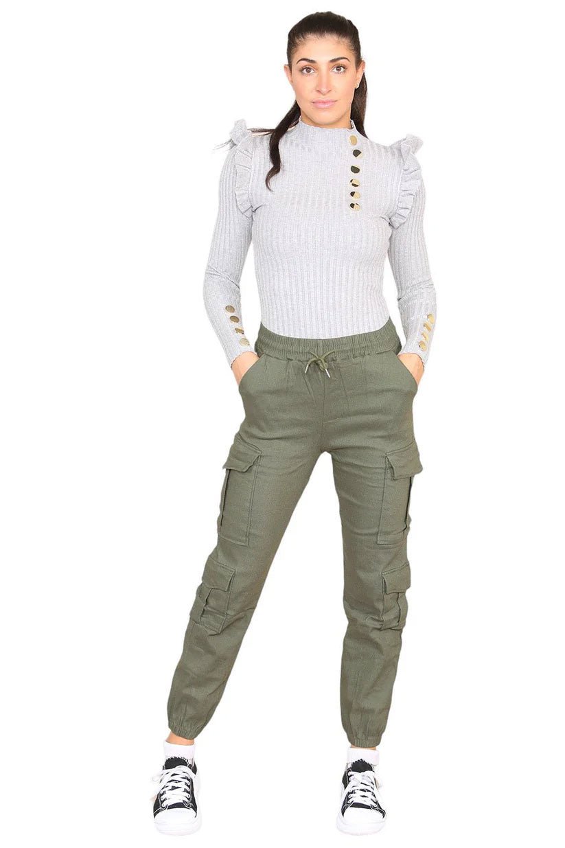 Cargo Pockets Pants Women High Waist Cropped Slim Fit Trouser - Remzs Fashion