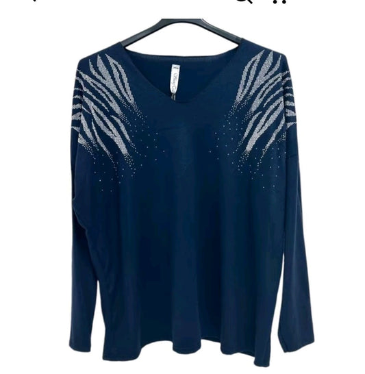 Harlow Stud Diamante on Shoulder Long Sleeve soft Knit Jumper women wear - Remzs Fashion