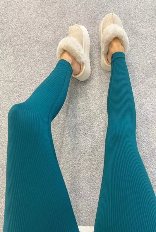 Honey High - Waisted Ribbed Seamless Leggings with Fluffy Slippers - Cozy Outfit Inspiration - Remzs Fashion