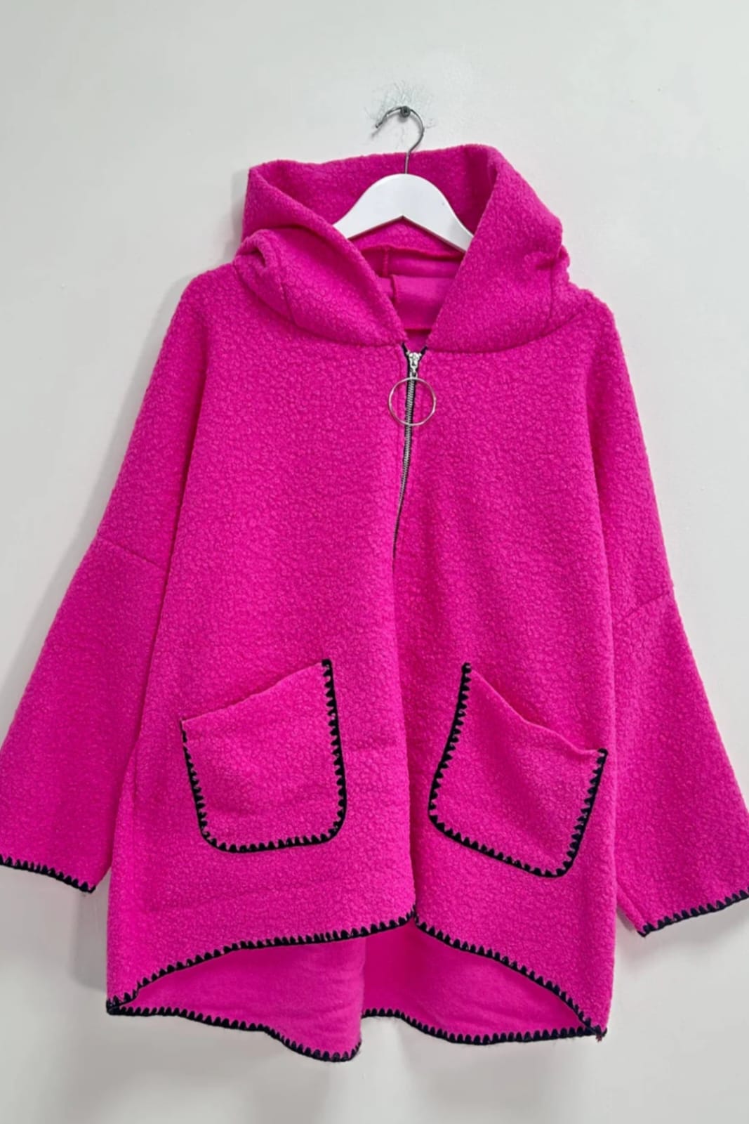 Italian Zip - up Hooded Contrast Panel Hem Pocket Teddy Bounce Coat - Remzs Fashion