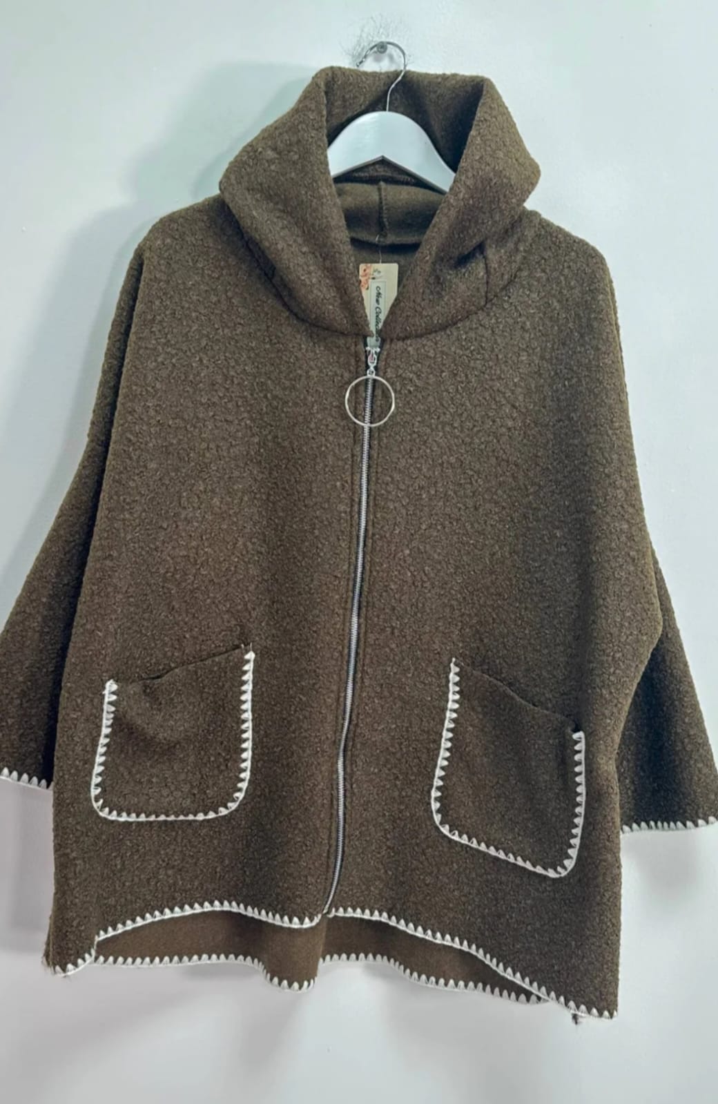 Italian Zip - up Hooded Contrast Panel Hem Pocket Teddy Bounce Coat - Remzs Fashion