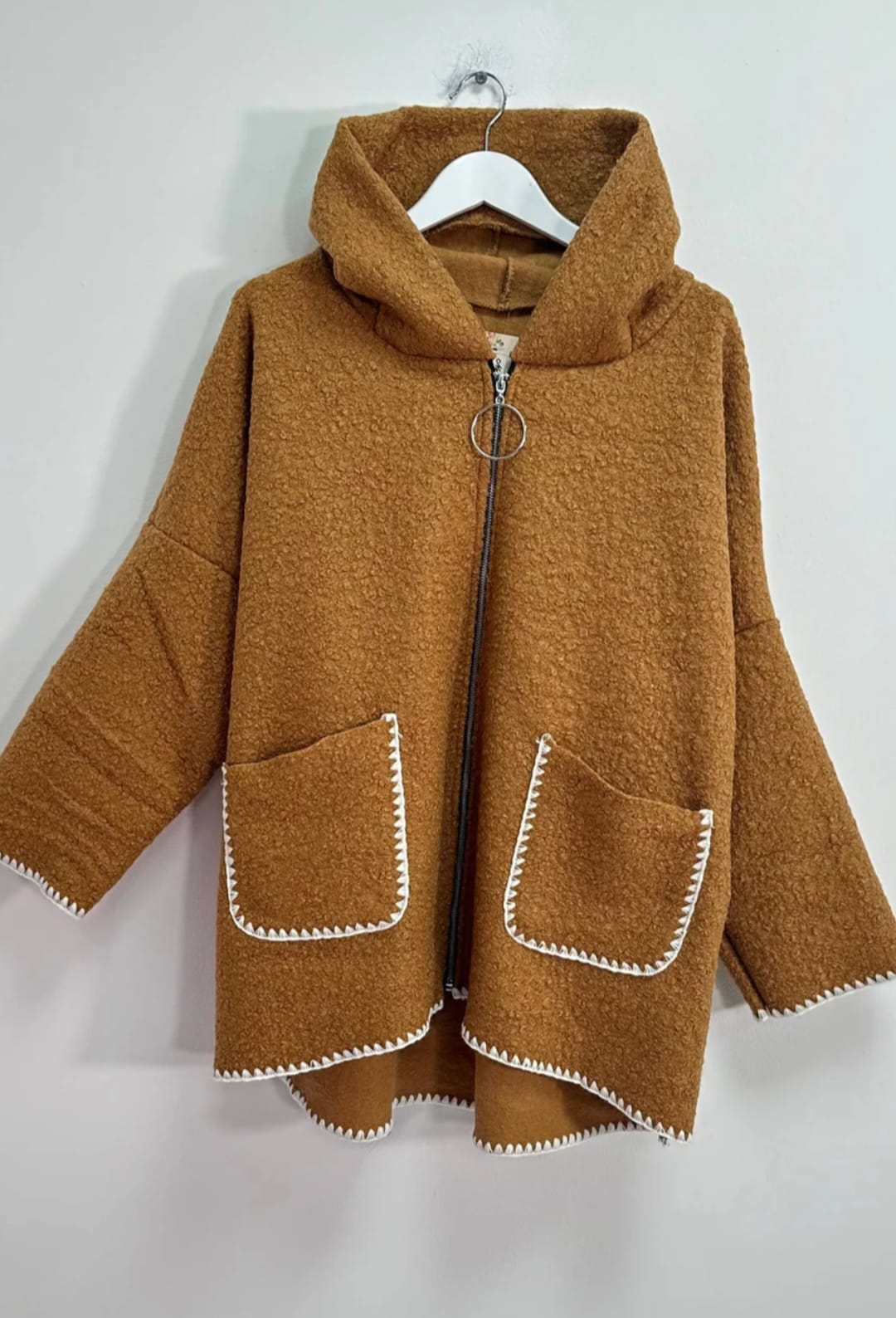 Italian Zip - up Hooded Contrast Panel Hem Pocket Teddy Bounce Coat - Remzs Fashion