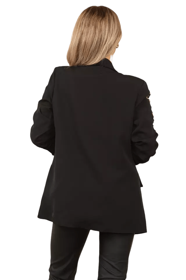 Ladies Italian Rouge Sleeve Leopard Open Front Blazer 2 Front Mock Flap Pockets - Remzs Fashion