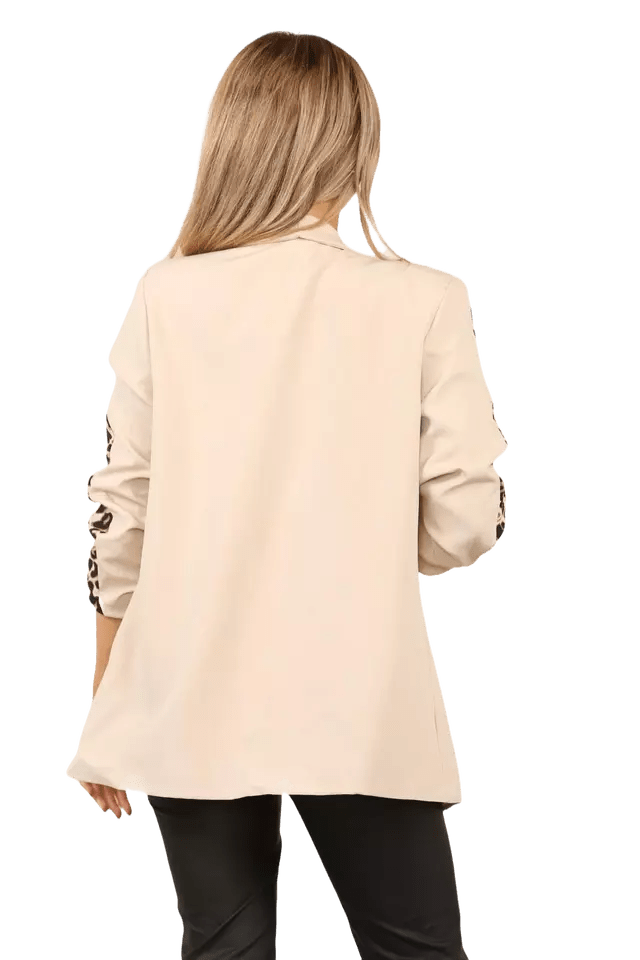 Ladies Italian Rouge Sleeve Leopard Open Front Blazer 2 Front Mock Flap Pockets - Remzs Fashion