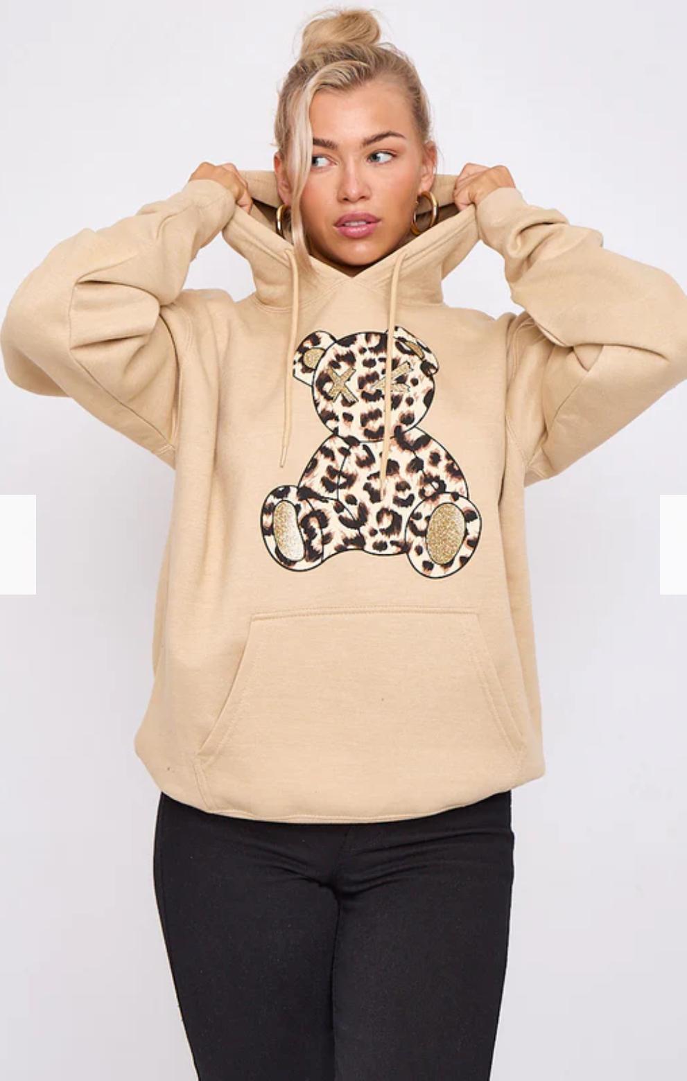 Ladies Long Sleeve Oversized Leopard Print Teddy Graphic hoodie sweatshirt Baggy jumper Dress - Remzs Fashion