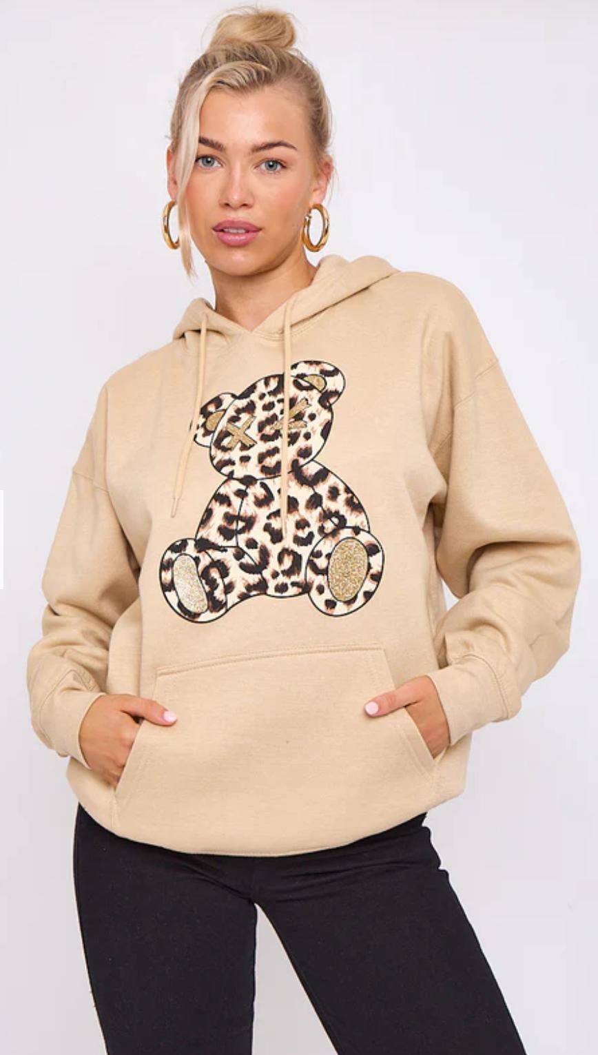 Ladies Long Sleeve Oversized Leopard Print Teddy Graphic hoodie sweatshirt Baggy jumper Dress - Remzs Fashion