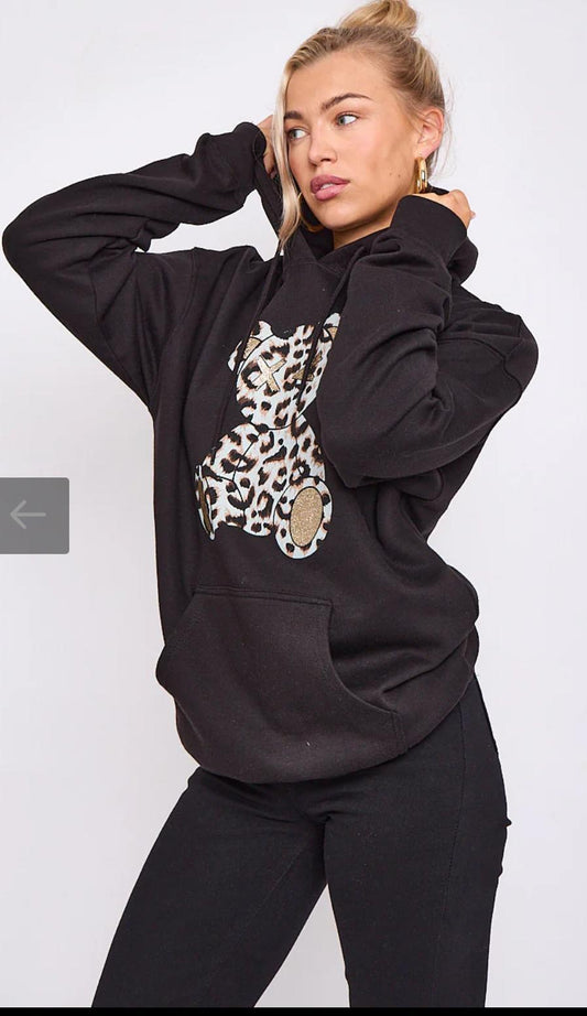 Ladies Long Sleeve Oversized Leopard Print Teddy Graphic hoodie sweatshirt Baggy jumper Dress - Remzs Fashion